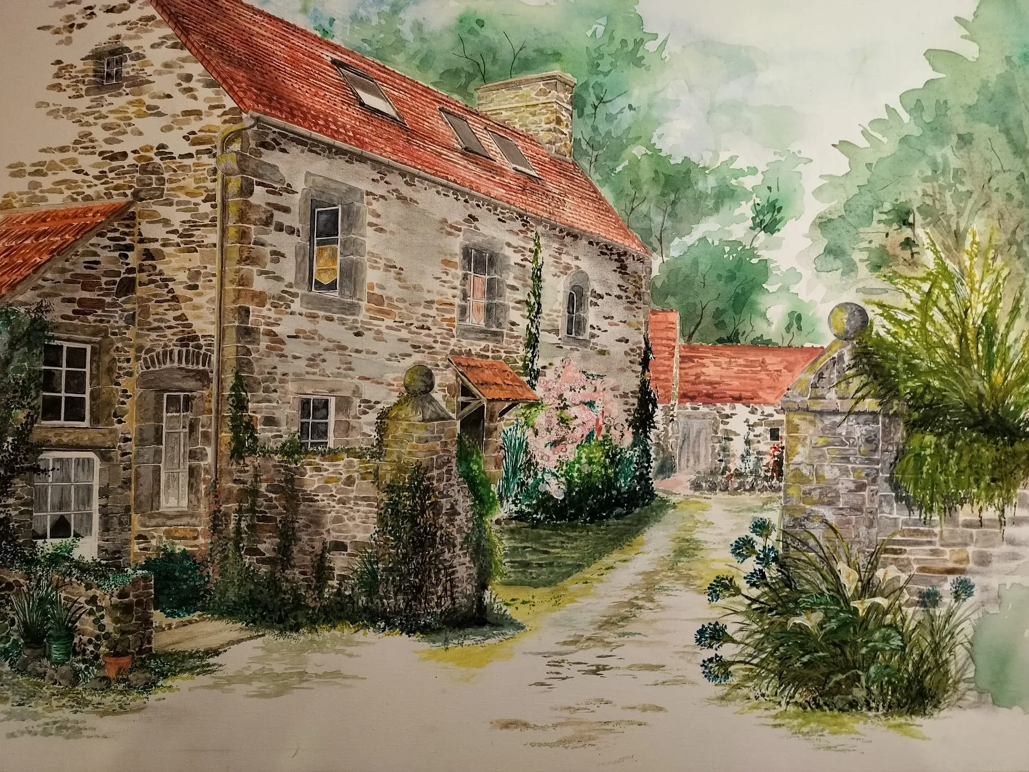 Aquarelle de Patrick Pernin représentant la cour de la ferme du P'tit Hameau de Sey